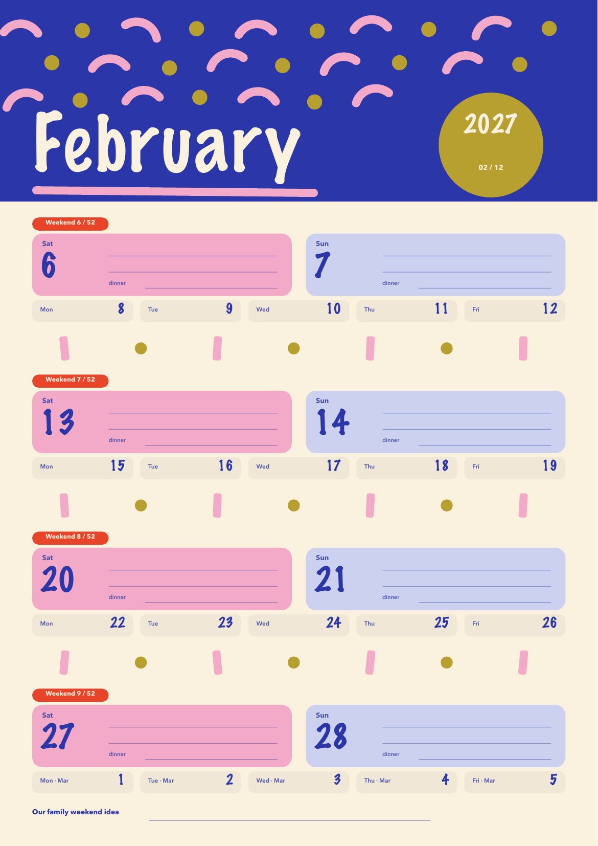 February page of the Family Weekend Planner 2027